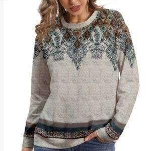 PixieLady Tan & Teal Curlicue Lightweight Crewneck Sweatshirt - Women & Plus 2X